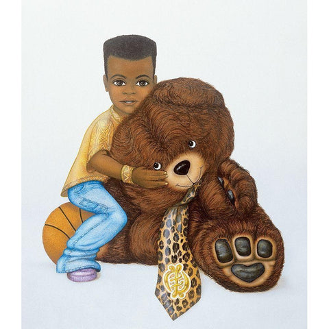 Boy and Teddy Bear Black Modern Wood Framed Art Print with Double Matting by Unknown