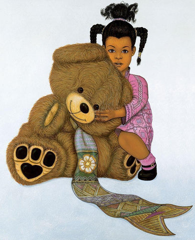 Girl and Teddy Bear White Modern Wood Framed Art Print with Double Matting by Unknown