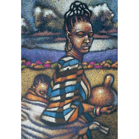 Nubian Lady and Child Black Modern Wood Framed Art Print with Double Matting by Unknown