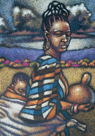 Nubian Lady and Child White Modern Wood Framed Art Print with Double Matting by Unknown