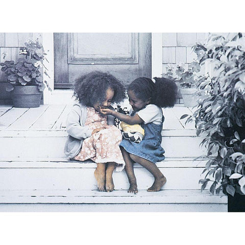 Two Girls on Porch White Modern Wood Framed Art Print by Unknown