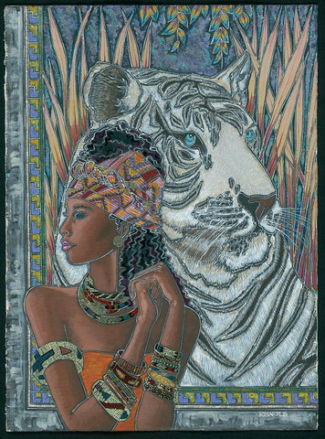 Nubian Princess and Tiger White Modern Wood Framed Art Print with Double Matting by Unknown