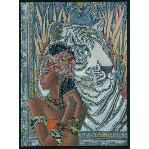 Nubian Princess and Tiger Gold Ornate Wood Framed Art Print with Double Matting by Unknown