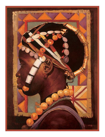 African Head Dress Black Ornate Wood Framed Art Print with Double Matting by Unknown