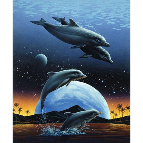 Porpoise and Moon II Black Modern Wood Framed Art Print by Unknown