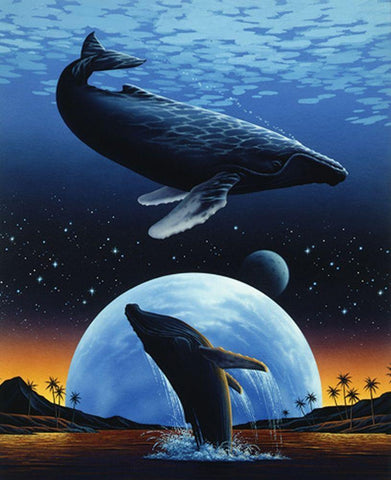 Whale and Moon Black Ornate Wood Framed Art Print with Double Matting by Unknown