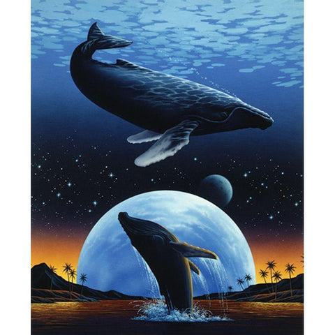 Whale and Moon Gold Ornate Wood Framed Art Print with Double Matting by Unknown