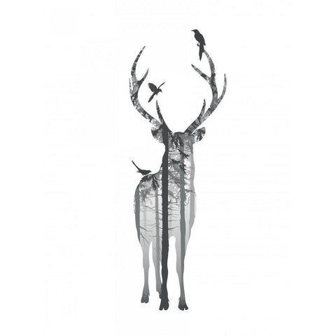 Deer with birds Black Modern Wood Framed Art Print by Braun Studio