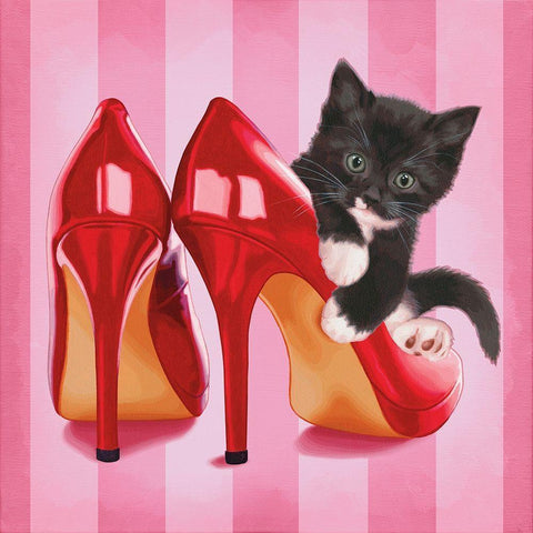 Chaton et chaussures Black Modern Wood Framed Art Print by Cazenave, Maryline