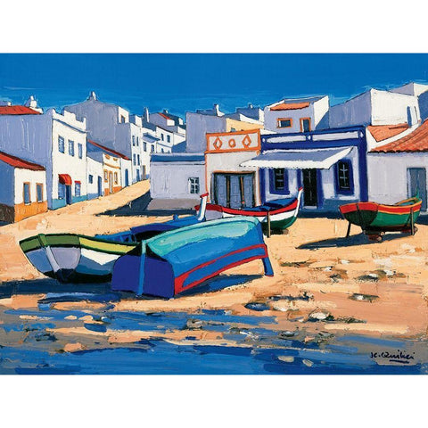 Barque bleue a Alvor White Modern Wood Framed Art Print by Quilici, Jean-Claude