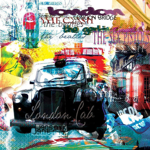 London cab White Modern Wood Framed Art Print by Kaly