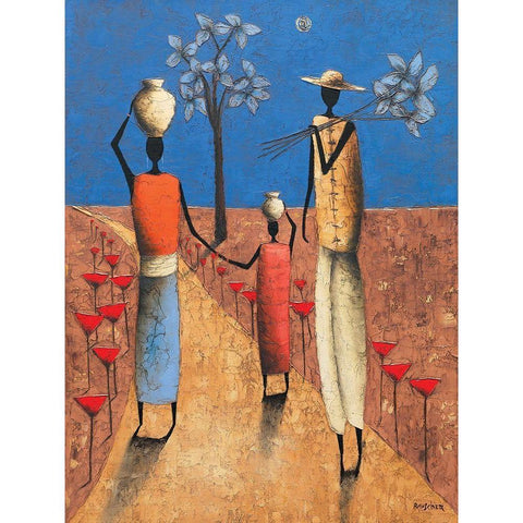 La famille et larbre bleu White Modern Wood Framed Art Print by Rauscher, Michel