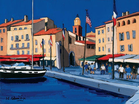 Sur le port de St-Tropez Black Ornate Wood Framed Art Print with Double Matting by Quilici, Jean-Claude