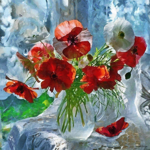 Poppies in Glass Vase Black Modern Wood Framed Art Print with Double Matting by Medeiros, Celito
