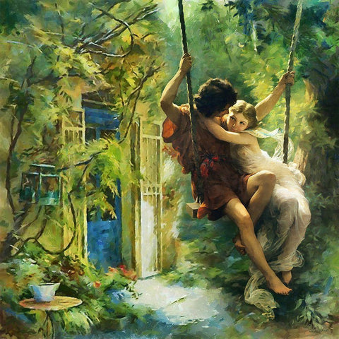 Couple on a Swing Black Ornate Wood Framed Art Print with Double Matting by Medeiros, Celito