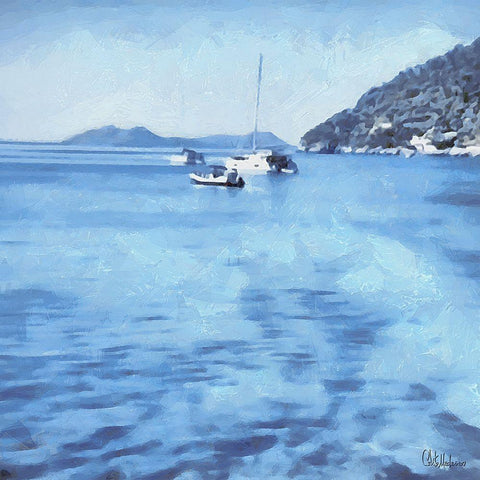 Blue Sea with a yacht Black Ornate Wood Framed Art Print with Double Matting by Medeiros, Celito
