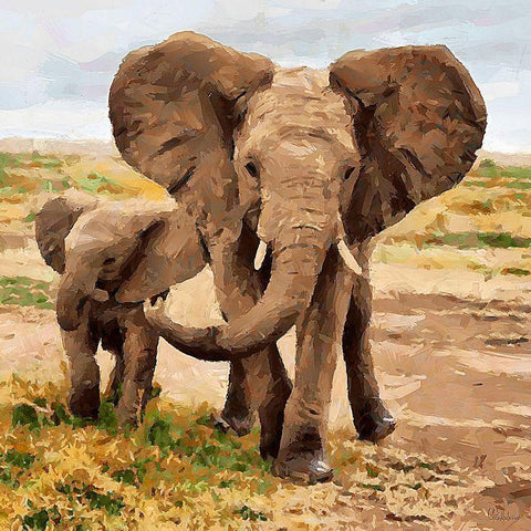 Two Elephants Black Modern Wood Framed Art Print with Double Matting by Medeiros, Celito