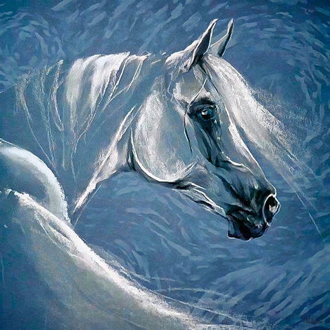 White Horse with Blue Background White Modern Wood Framed Art Print with Double Matting by Medeiros, Celito