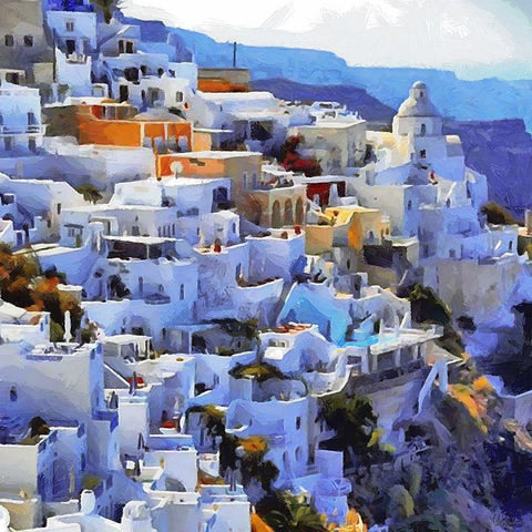 Santorini View White Modern Wood Framed Art Print with Double Matting by Medeiros, Celito