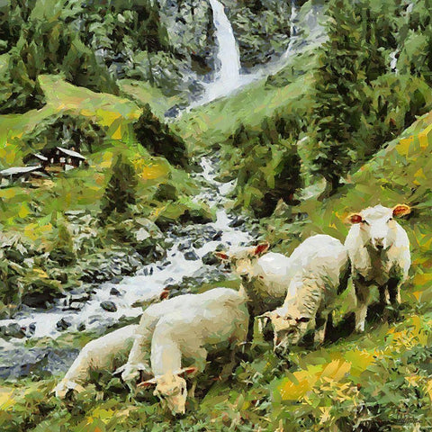 Sheeps in Alps White Modern Wood Framed Art Print with Double Matting by Medeiros, Celito