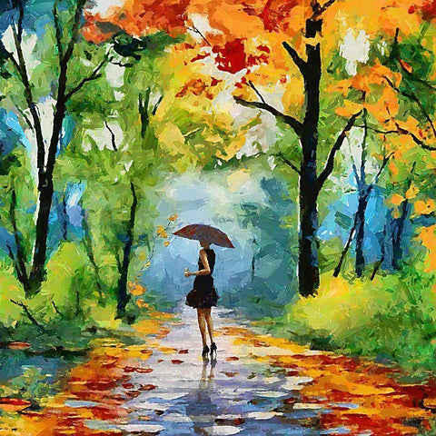 Autumn Walk in the Park Black Modern Wood Framed Art Print with Double Matting by Medeiros, Celito