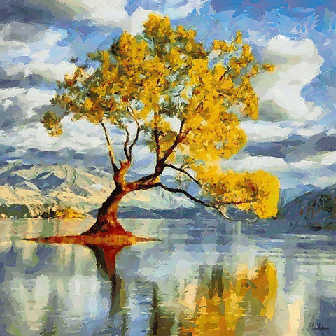 Tree in the Lake White Modern Wood Framed Art Print by Medeiros, Celito