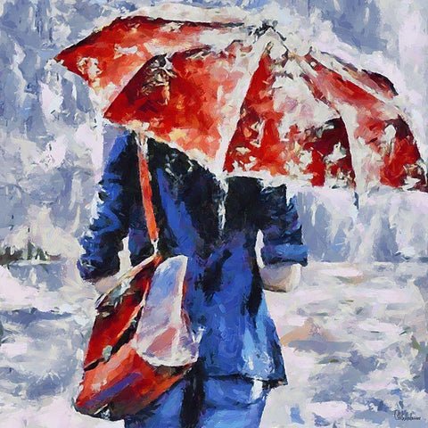 Blue Dress, Red Umbrella Black Ornate Wood Framed Art Print with Double Matting by Medeiros, Celito