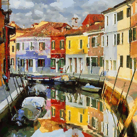 Boats with colorful Houses IV White Modern Wood Framed Art Print by Medeiros, Celito