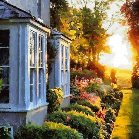 Sunrise in Garden with white House Black Ornate Wood Framed Art Print with Double Matting by Medeiros, Celito