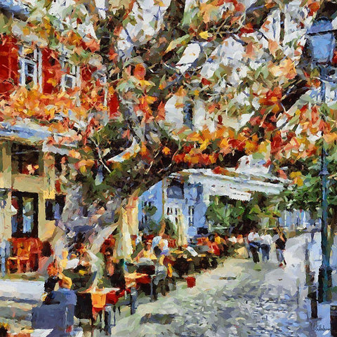 Cafe in Autumn Black Modern Wood Framed Art Print with Double Matting by Medeiros, Celito