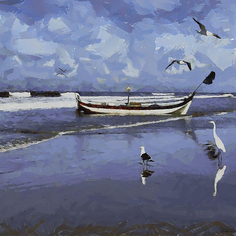 Seagulls with a  Boat White Modern Wood Framed Art Print by Medeiros, Celito