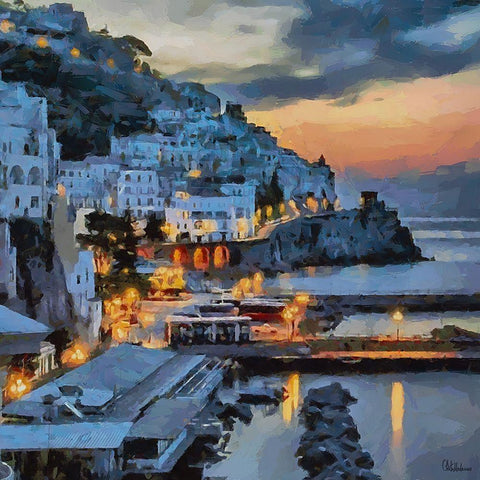 Santorini View Black Modern Wood Framed Art Print by Medeiros, Celito