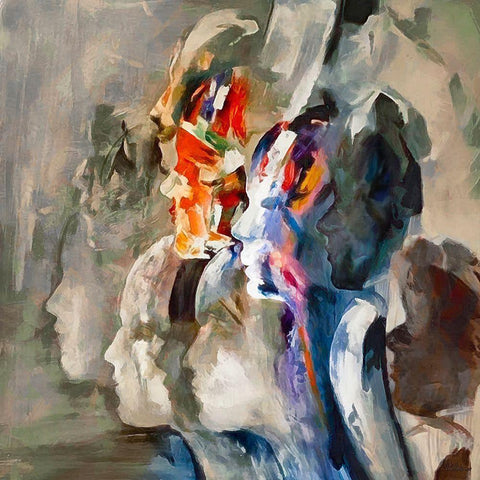 Many Faces White Modern Wood Framed Art Print with Double Matting by Medeiros, Celito