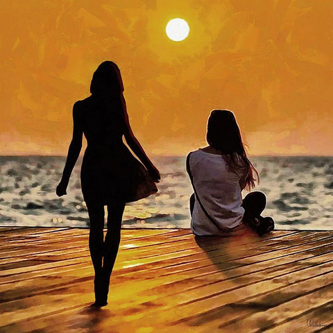 Two girls by sunset Gold Ornate Wood Framed Art Print with Double Matting by Medeiros, Celito