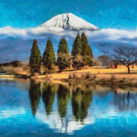 Volcano over the Lake Black Ornate Wood Framed Art Print with Double Matting by Medeiros, Celito