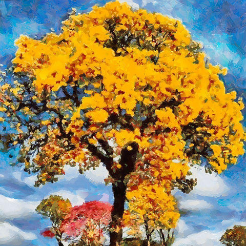 Yellow Tree I White Modern Wood Framed Art Print with Double Matting by Medeiros, Celito