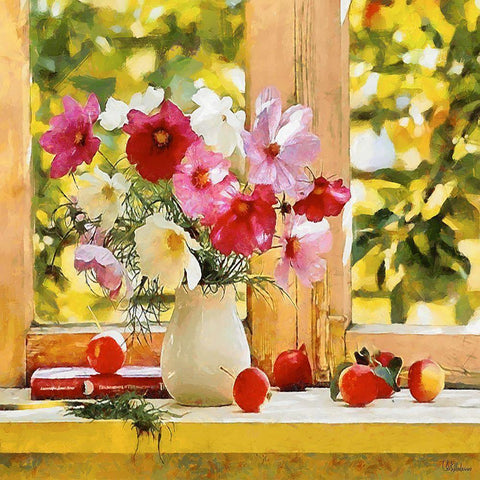 Pink Flowers by the Window White Modern Wood Framed Art Print by Medeiros, Celito