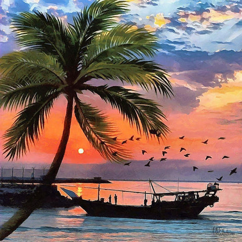 Sunset under Palm Tree Gold Ornate Wood Framed Art Print with Double Matting by Medeiros, Celito