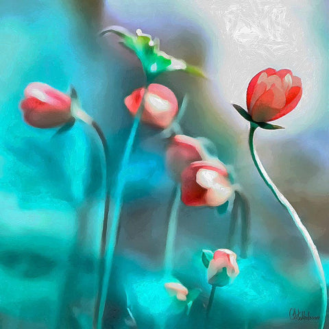 Flowers on Turquiese Background I Black Modern Wood Framed Art Print by Medeiros, Celito