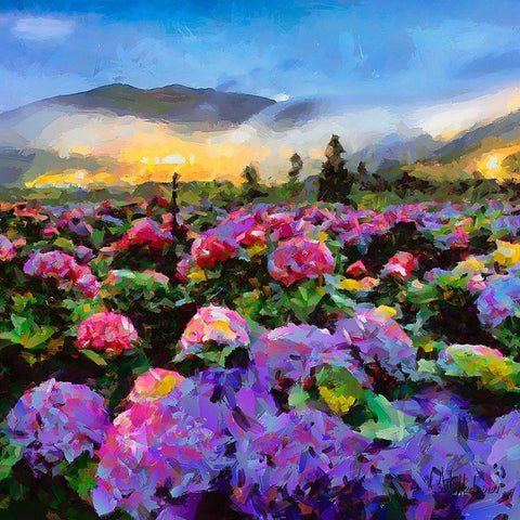 Field with pink Flowers Black Modern Wood Framed Art Print by Medeiros, Celito