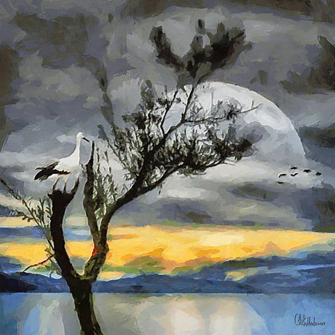 Stork on the Tree Black Modern Wood Framed Art Print by Medeiros, Celito