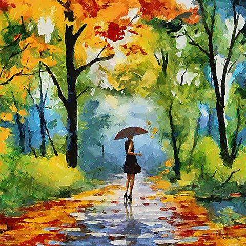 Girl with Umbrella in the Park Black Modern Wood Framed Art Print by Medeiros, Celito