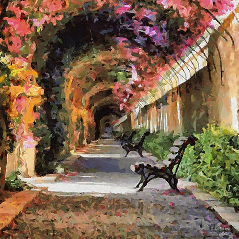 Benches under Blossoming Trees Black Ornate Wood Framed Art Print with Double Matting by Medeiros, Celito
