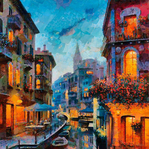 Venice at Night White Modern Wood Framed Art Print with Double Matting by Medeiros, Celito