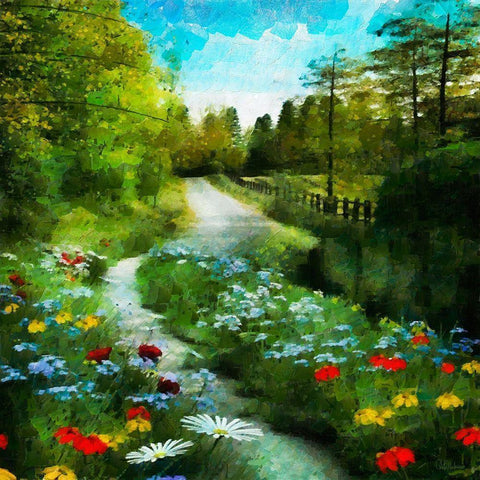 Path between green Meadows Black Modern Wood Framed Art Print with Double Matting by Medeiros, Celito