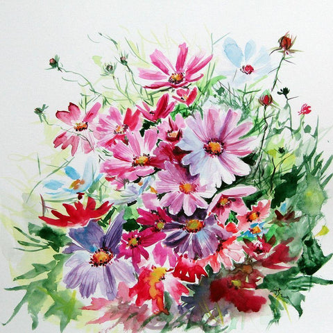 Windflowers White Modern Wood Framed Art Print with Double Matting by Kovacs, Anna Brigite