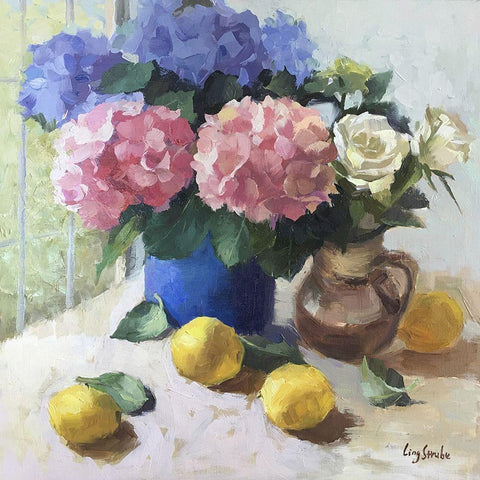 Hydrangeas and Still Life Black Modern Wood Framed Art Print with Double Matting by Strube, Ling