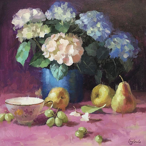 Hydrangeas with Still Life Black Ornate Wood Framed Art Print with Double Matting by Strube, Ling