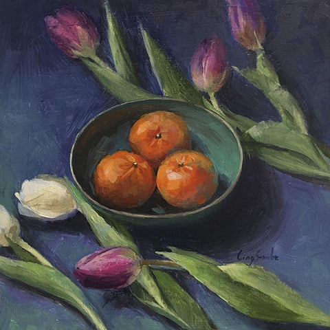 The Three Oranges Black Modern Wood Framed Art Print by Strube, Ling