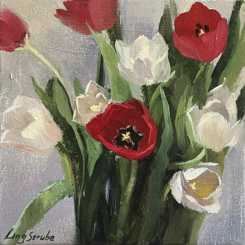 Red and White Tulips Black Modern Wood Framed Art Print with Double Matting by Strube, Ling